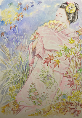 132：『秋纏う』花柳流「紅葉の橋」上七軒・尾花 石蕗の景（18×26㎝）
