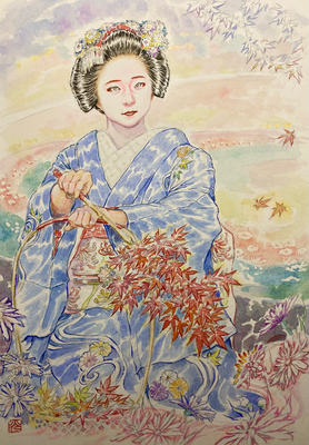 139：『秋濤』京舞井上流「紅葉売」祇園甲部・孔雀草の景（18×26㎝）
