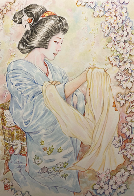 105：『仁愛』若柳流「宇治茶」宮川町・渓仙桜の景（18×26㎝）