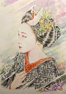 146：『麗奏』宮川町 お座敷にて・白花萩の景【個人蔵】（18×26㎝）