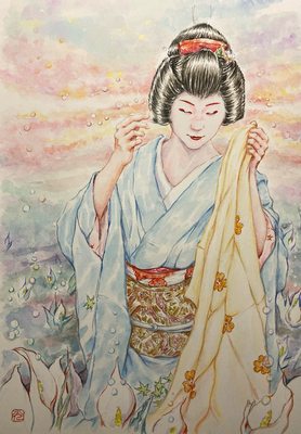 113：『夕凪』若柳流「宇治茶」宮川町・水芭蕉の景（18×26㎝）