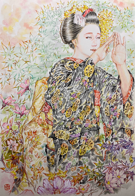 102：『残照』若柳流「紅葉の橋」宮川町・秋桜 紅葉の景（18×26㎝）