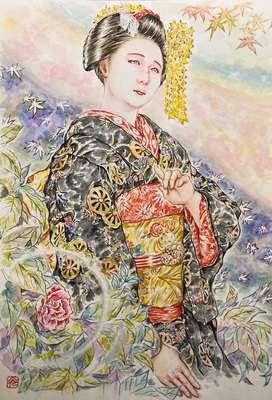114：『奏鳴』若柳流「紅葉の橋」宮川町・源氏椿の景（18×26㎝）