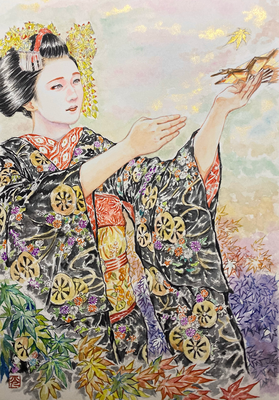 89：若柳流「紅葉の橋」宮川町・五色紅葉の景（18×26㎝）