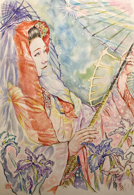 111：『虹耀』名妓連・菖蒲 光傘の景【個人蔵】（18×26㎝）