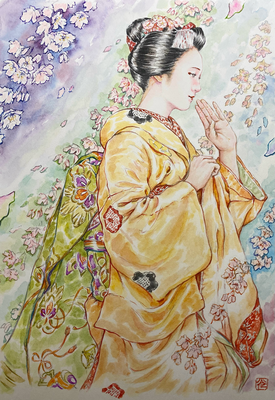 115：『流華』若柳流「祇園小唄」宮川町・紅枝垂れ桜の景（18×26㎝）