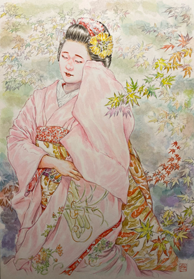 106：『星影』花柳流「祇園小唄」上七軒・朧紅葉の景【個人蔵】（18×26㎝）