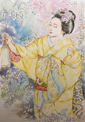 99：花柳流「上七軒夜曲」上七軒・馬酔木の景（18×26㎝）