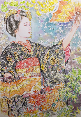 98：『行く秋』若柳流「紅葉の橋」宮川町・銀杏 紅葉の景（18×26㎝）