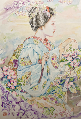 137：『落花流水』若柳流「祇園小唄」宮川町・花水木の景（18×26㎝）