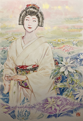 134：『舞の鼓動』若柳流「宇治茶」宮川町・梔子の景（18×26㎝）