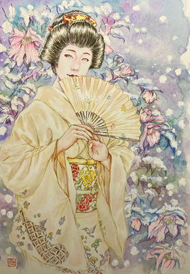 112：『清音』名妓連・雪持山茶花の景【個人蔵】（18×26㎝）