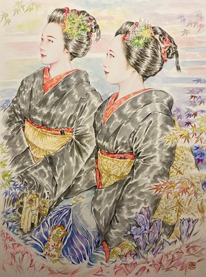 129：『双煌華』宮川町 お座敷にて・竜胆の景（23×31㎝）