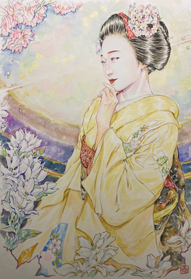 123：『春麗奏華』宮川町・利休梅の景（18×26㎝）