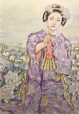87：『京おどり・祇園祭』宮川町・梔子の景（18×26㎝）