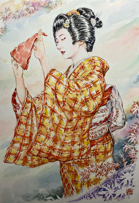 166：『春奏華』花柳流「宇治茶」大阪 南地・菊桃の景【個人蔵】（18×26㎝）