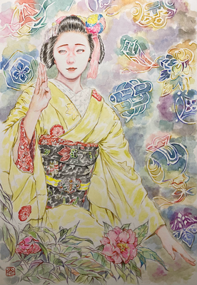 120：『だらりの帯よ』若柳流「祇園小唄」宮川町・宝尽くし紋 栃姫椿の景【個人蔵】（18×26㎝）