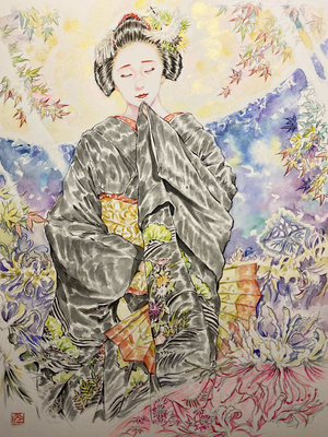 142：『天花』若柳流「黒髪」宮川町・白花曼珠沙華の景（23×31㎝）