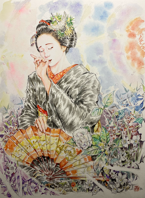 149：『馨光』若柳流「黒髪」宮川町・椿 水仙 南天の景（22×30㎝）