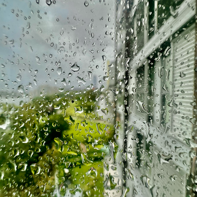 59/Twenty26: Why don't these raindrops run down this glass window? Attraction forces like adhesion and cohesion balance the downward force of gravity to keep the raindrops in place. #wowscience