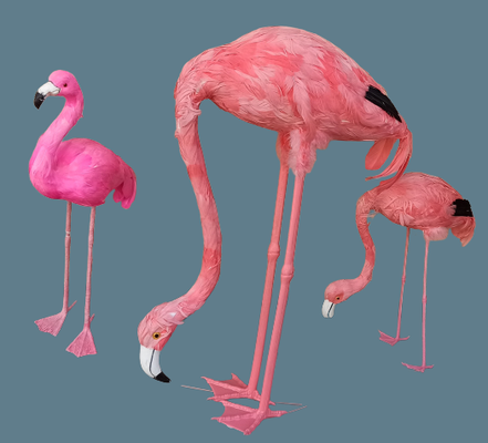 Flamencos plumas. Rosa de cabeza levantada 60x26x13. Coral cabeza agachada grande 70x50x20, pequeño 37x30x12