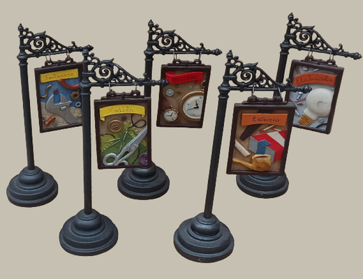 Banderines resina diferentes profesiones: modista, relojero, electricista, estanco y fontanero. 27x15