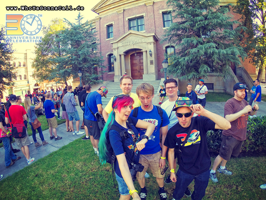 left to right shinzo, DocBrown1955, modellbaubert, Henning69 and LonePines in front of the Hill Valley town hall