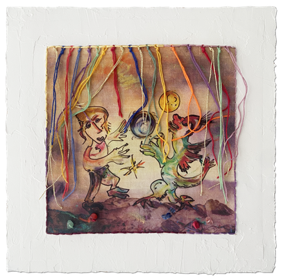 "Planetenwerfen", Zeichnung von Guntram Prochaska, 30 x 30 cm inkl. Rahmen, Stoffdruck, Halbedelsteine, Buntstifte, Fäden, auf Pappwabenplatte