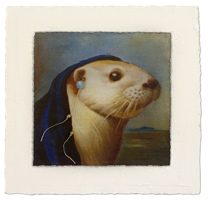 "Mona Lisa 1", Christina & KI, 30 x 30 cm inkl. Rahmen, Stoffdruck, Buntstifte, Fäden, auf Pappwabenplatte