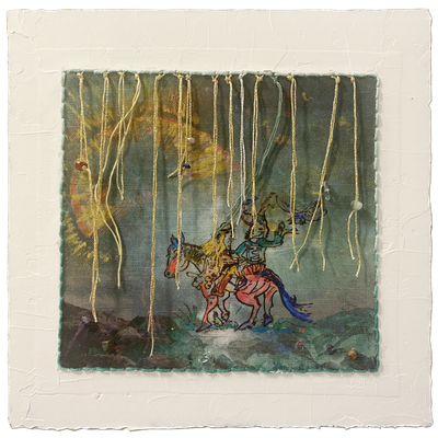 "Die schöne Magellone", Zeichnung von Guntram Prochaska, 30 x 30 cm inkl. Rahmen, Stoffdruck, Halbedelsteine, Buntstifte, Fäden, auf Pappwabenplatte