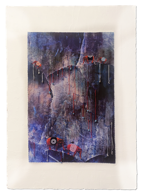 "Elefantenwanderung", 70 x 50 cm inkl. Rahmen, Stoffdruck, Buntstifte, Fäden, Türkise, auf Pappwabenplatte