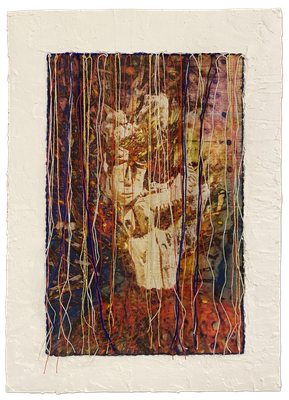 "Die schöne Adele", Skulptur von Guntram Prochaska, 50 x 70 cm inkl. Rahmen, Stoffdruck, Buntstifte, Fäden, auf Pappwabenplatte