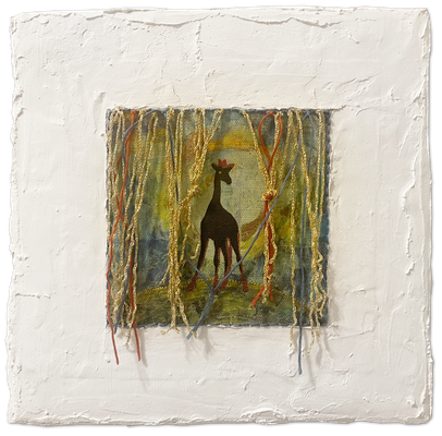 "Giraffe", 25 x 25 cm inkl. Rahmen, Stoffdruck, Buntstifte, Fäden, auf Leinwand