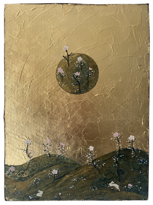 innergardens Kunst, Dekorgold, Acrylfarbe. Hasen im Frühling