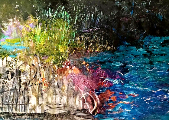 "Stadtweiher 19:31", 100 x 80 cm, Leinwand, Farbschichtungen, 2023.