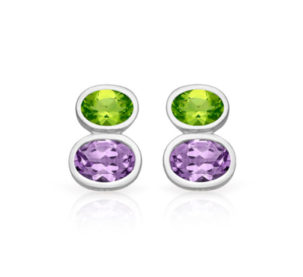 Silberne Ohrstecker mit grünen Peridot und lila Amethysten