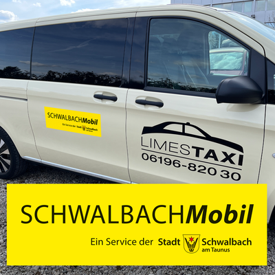 Großformataufkleber für Taxi für Aktion Schwalbach Mobil der Stadt Schwalbach, individuell gestaltet und produziert
