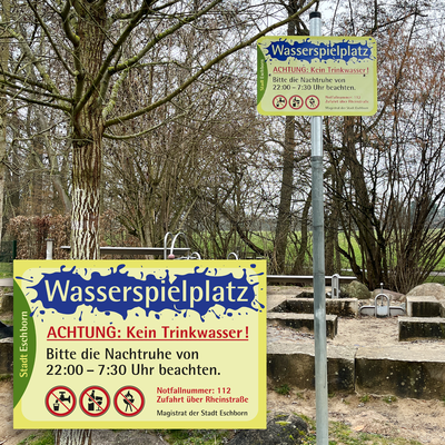 Spielplatzschilder der Stadt Eschborn, montiert am Standort, individuell gestaltet und produziert
