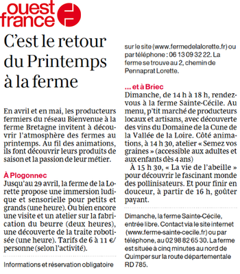 Ouest France du 15 avril 2026_printemps à la Ferme Ste Cécile