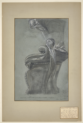 Max Klinger, Erster Entwurf zum Beethoven-Thron, 1886, Kreide, Bleistift, grau laviert, weiß gehöht, auf blaugrauem Papier