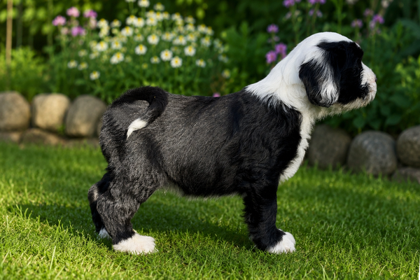 Tibet-Terrier-Welpe aus liebevoller Zucht genießt mit 10 Wochen die Natur.