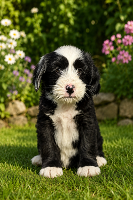 10 Wochen alter Tibet-Terrier-Welpe auf einer Wiese mit natürlichem Hintergrund.