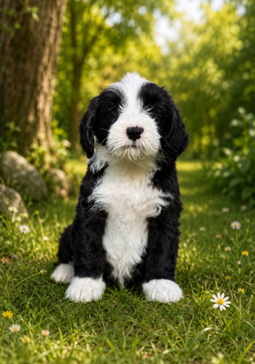 Fröhlicher Tibet-Terrier-Welpe mit 10 Wochen entdeckt seine Umgebung im Garten.