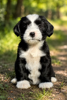 10 Wochen alter Tibet-Terrier-Welpe erkundet neugierig eine grüne Gartenlandschaft.