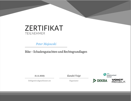 Bike Schadengutachten Zertifikat