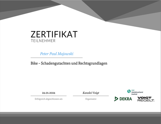 Bike Schadengutachten Zertifikat