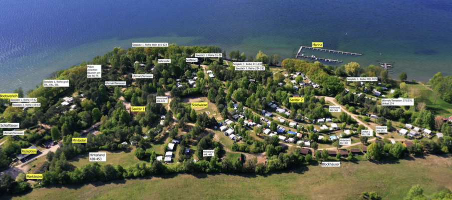 Luftbild mit Legende  © Naturcamping Zwei Seen am Plauer See/MV - www.zweiseen.de