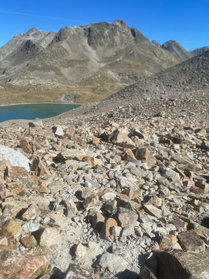 Über diese Steinhalde geht es 750 Meter bis zum Ufer des Sees