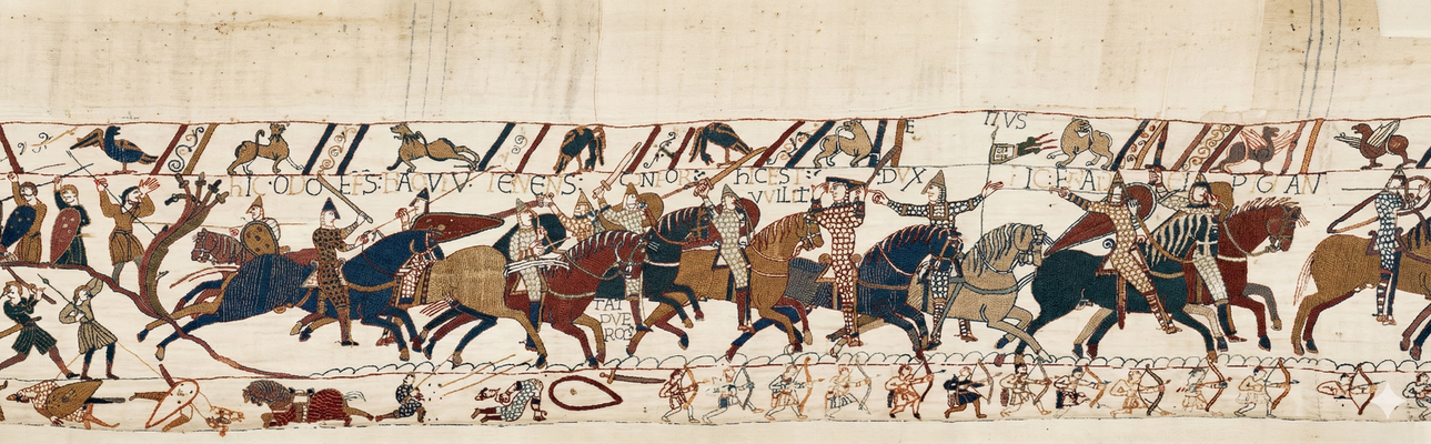 Eustache désigne de l'index Guillaume, qui soulève son casque à nasal et montre son visage pour démentir une rumeur annonçant sa mort, ce qui arrête la débandade de ses troupes.