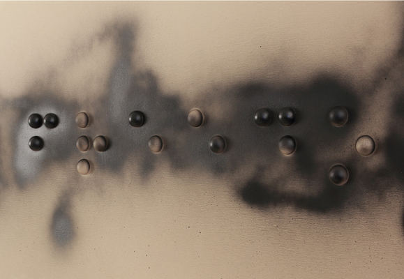 Woman Life Freedom written in English Braille  Year: 2024 Size: 160x40 cm, Acrylic on wood